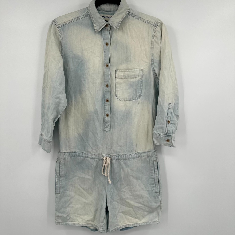 Madewell Romper Women's Small Blue Denim Drawstring Waist‎ Collared Button Front